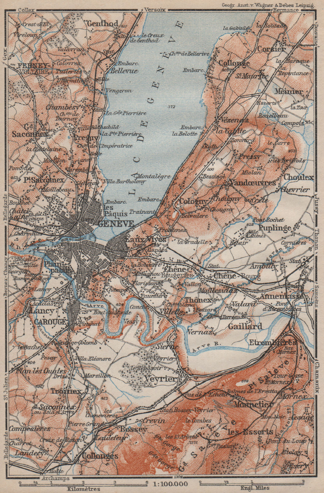 GENEVA GENÈVE GENF ENVIRONS. Switzerland Suisse Schweiz carte karte 1913 map